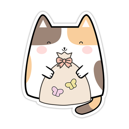 Kawaii Calico Cat Holding Butterflies Die Cut Sticker (5236)