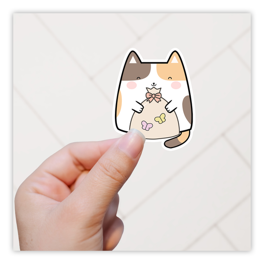 Kawaii Calico Cat Holding Butterflies Die Cut Sticker (5236)