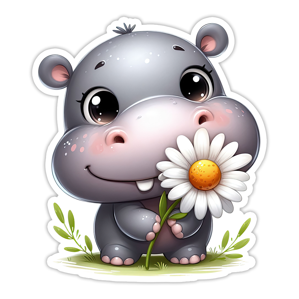 Cute Hippo with Daisy Flower Die Cut Sticker (5239)