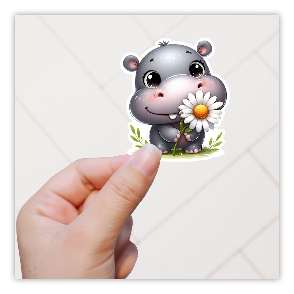 Cute Hippo with Daisy Flower Die Cut Sticker (5239)