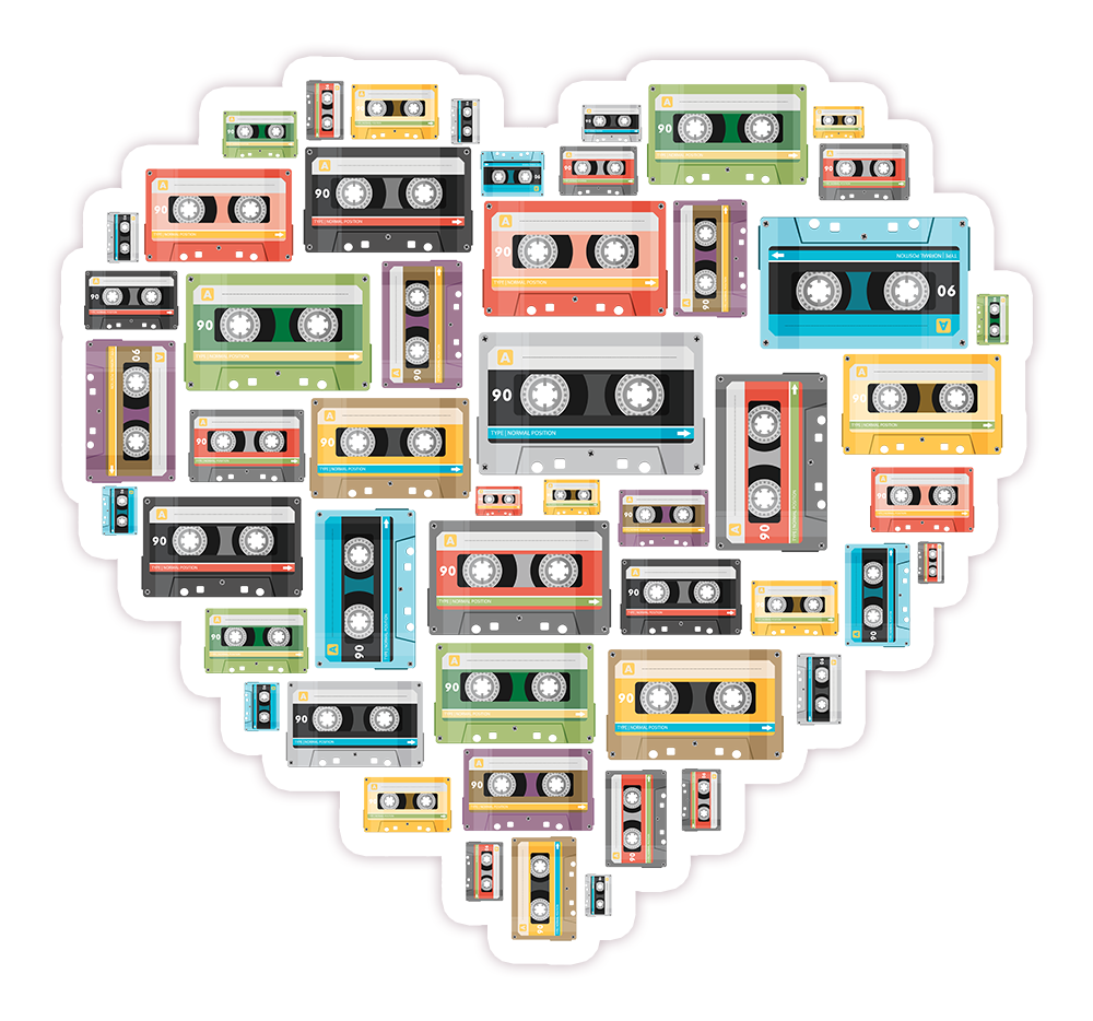 Retro Cassettes Heart Die Cut Sticker (56)