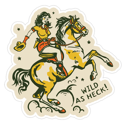 Tattoo Flash Cowgirl on Horse Wild As Heck Die Cut Sticker (5689)