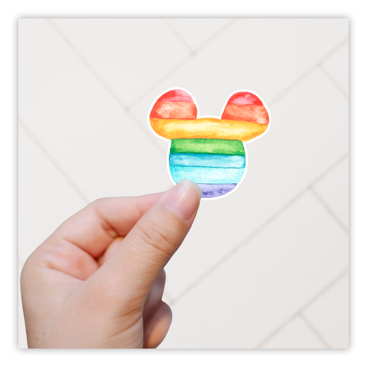 Hidden Mickey Mouse Icon - Watercolor Rainbow Die Cut Sticker (735)