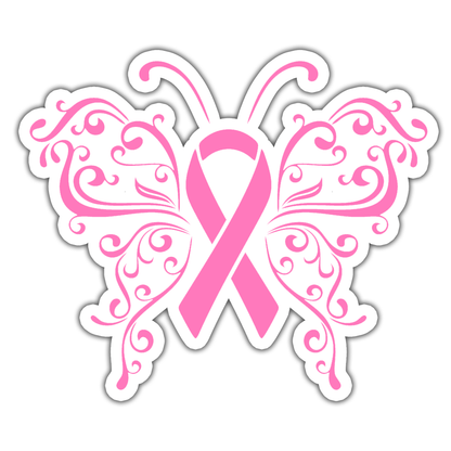 Pink Cancer Awareness Ribbon Butterfly Die Cut Sticker (882)