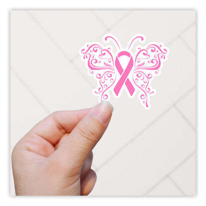 Pink Cancer Awareness Ribbon Butterfly Die Cut Sticker (882)