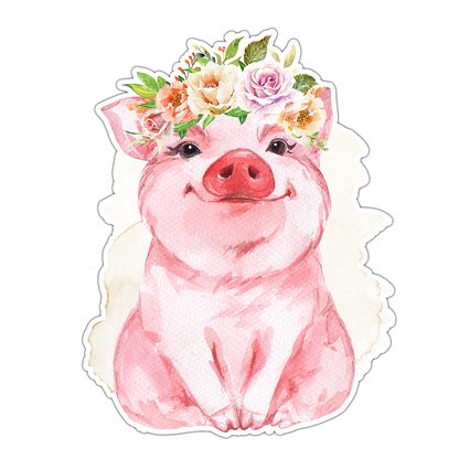 Watercolor Pig with Flower Crown Die Cut Sticker (886)