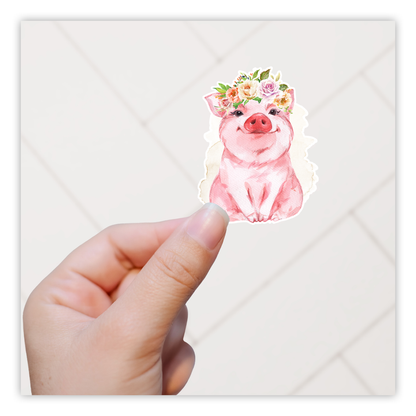 Watercolor Pig with Flower Crown Die Cut Sticker (886)