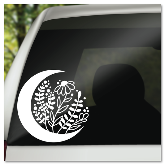 Boho Crescent Moon Wild Flowers Vinyl Decal Sticker