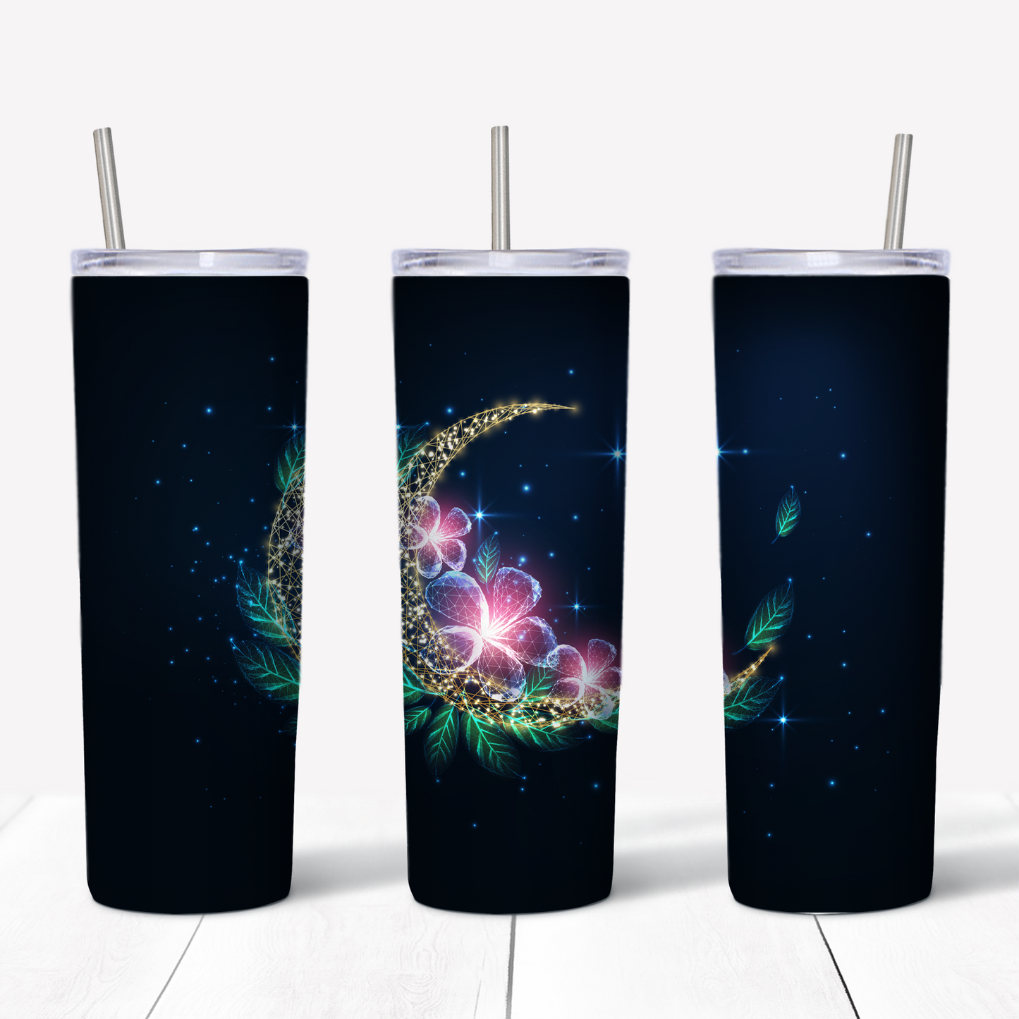 Crystal Crescent Moon with Plumeria Flowers 20oz Sublimated Metal Tumbler