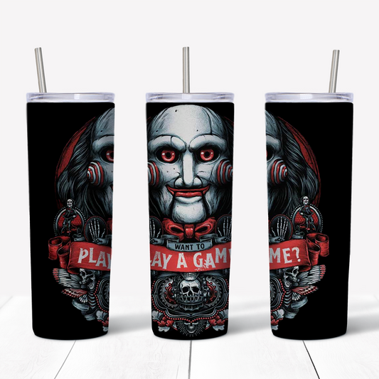 Jigsaw Billy Let's Play A Game 20oz Sublimated Metal Tumbler