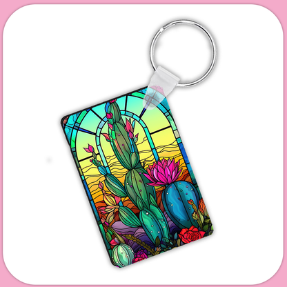 Stained Glass Cactus Rectangular Sublimation MDF Keychain