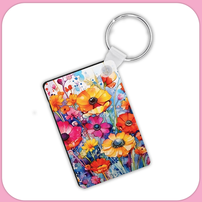 Watercolor Red Orange Wild Flowers Rectangular Sublimation MDF Keychain