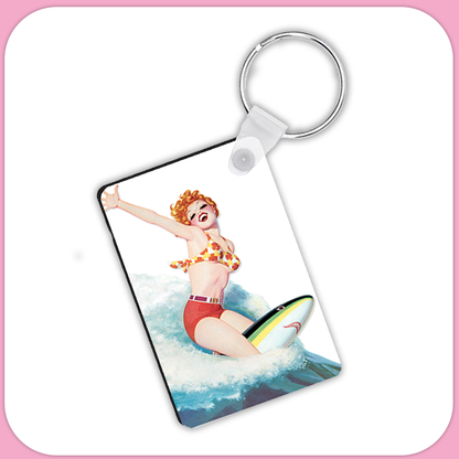 Pin Up Girl Surfer on Shark Rectangular Sublimation MDF Keychain