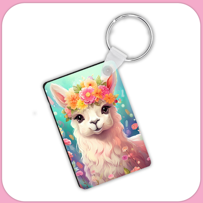 Colorful Llama with Floral Crown Rectangular Sublimation MDF Keychain