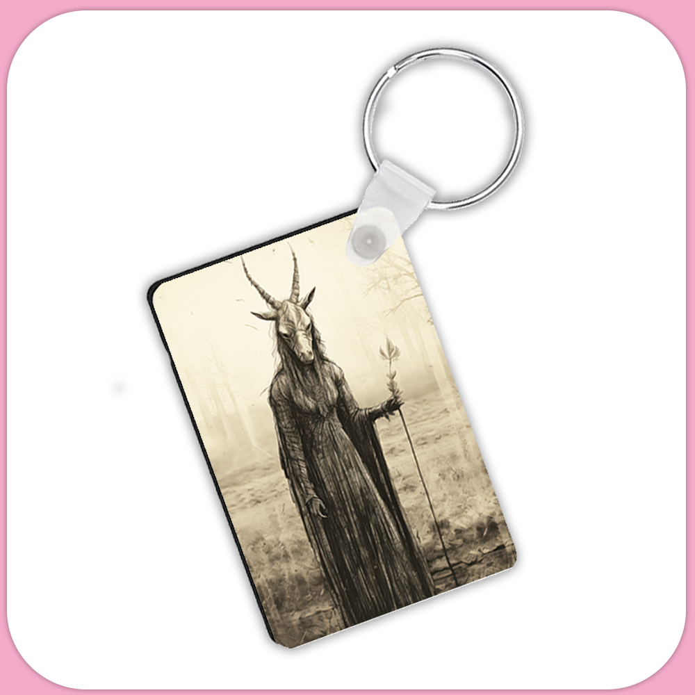 Creepy Goat Witch Occult Rectangular Sublimation MDF Keychain