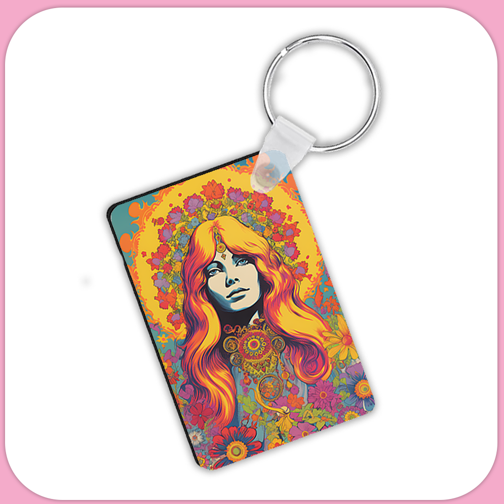 70s Bohemian Psychedelic Lady Rectangular Sublimation MDF Keychain