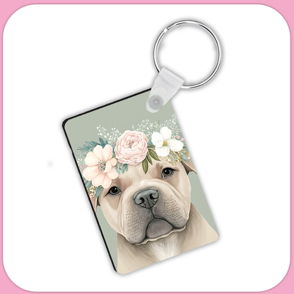 Sweet Pittie with Flower Crown Rectangular Sublimation MDF Keychain