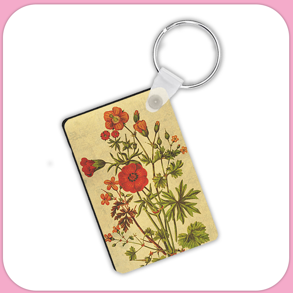 Vintage Botanical Book Red Flowers Rectangular Sublimation MDF Keychain