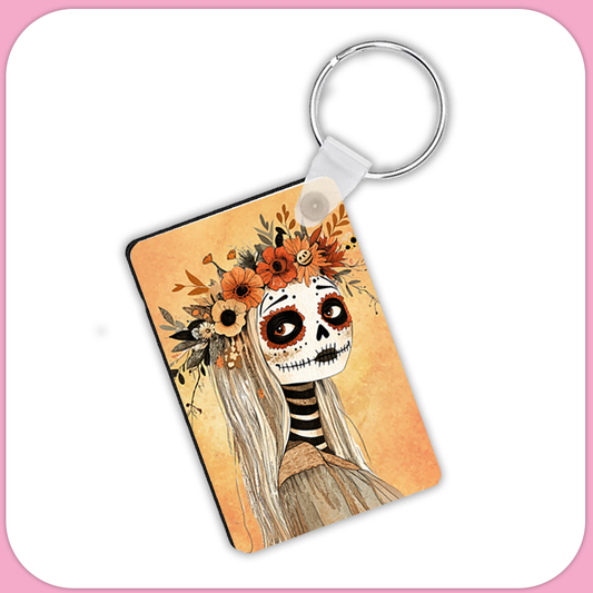 Dia De Los Muertos Day of the Dead Sugar Skull Autumn Lady Rectangular Sublimation MDF Keychain