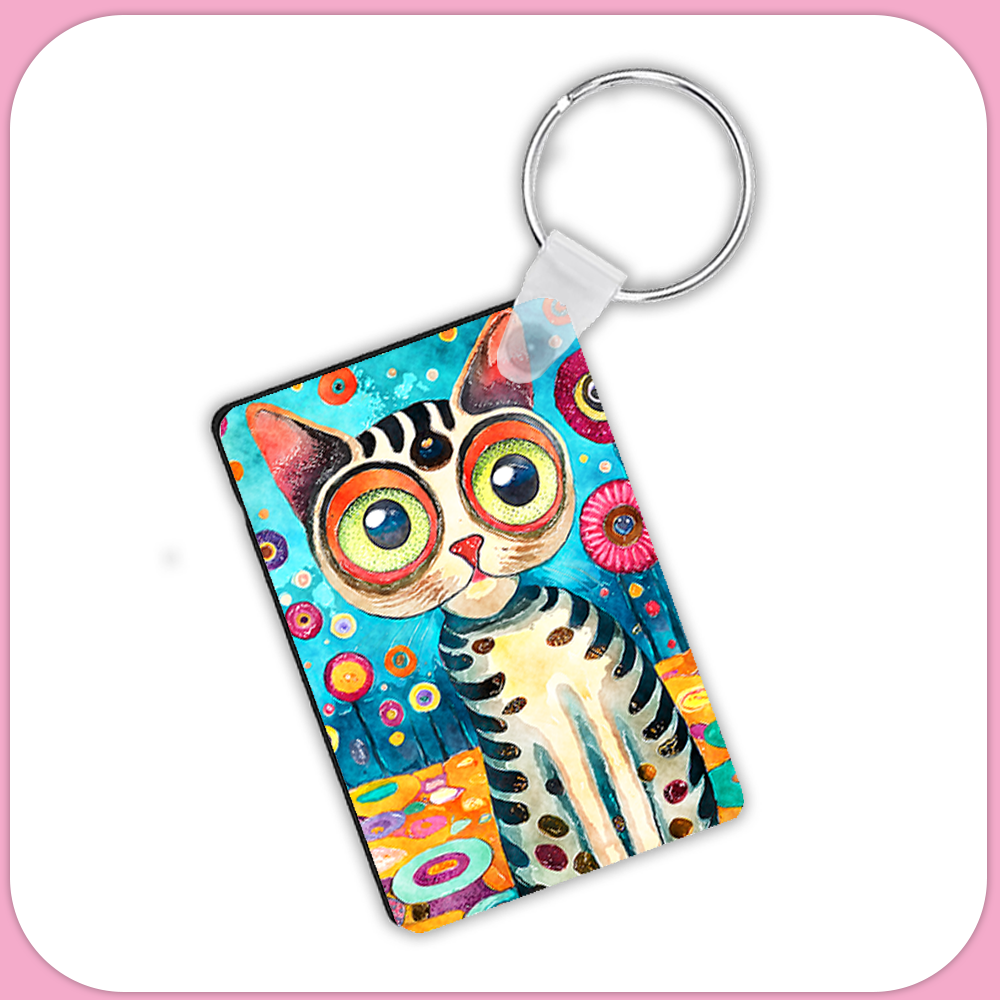 Crazy Pop Art Cat Rectangular Sublimation MDF Keychain