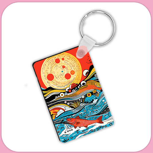 Japanese Art Style Ocean Waves Sunset Fish Rectangular Sublimation MDF Keychain