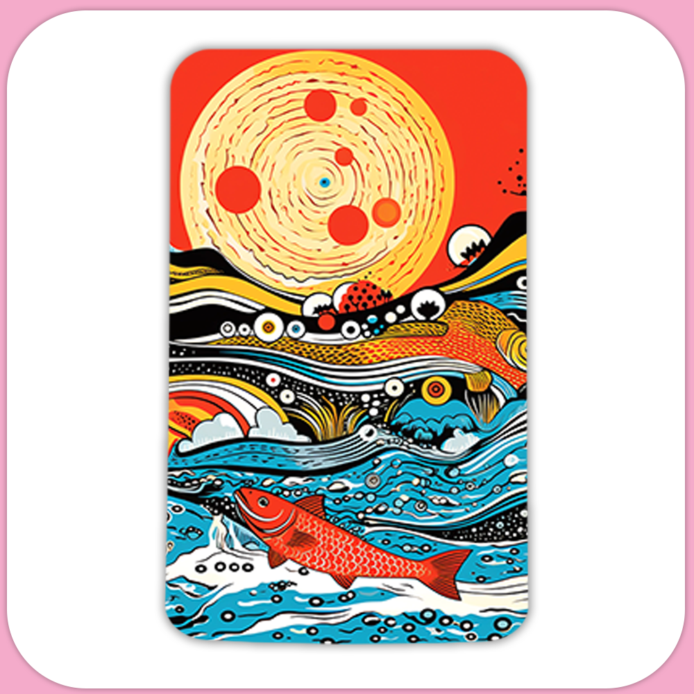 Japanese Art Style Ocean Waves Sunset Fish Rectangular Sublimation MDF Keychain