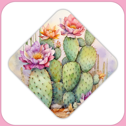 Watercolor Prickly Pear Cactus Square Sublimation MDF Keychain