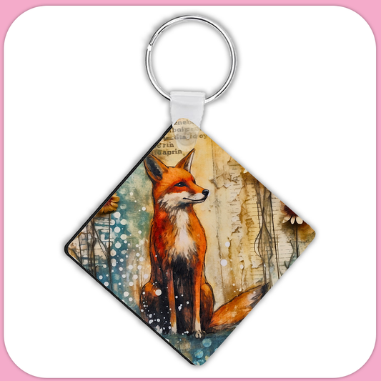 Storybook Red Fox Square Sublimation MDF Keychain