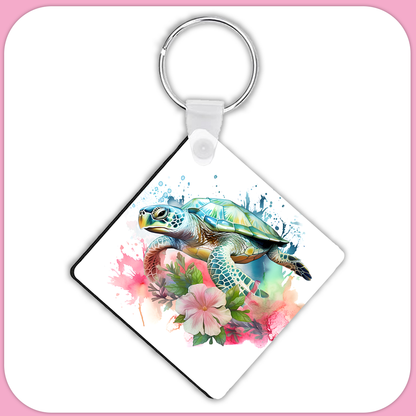 Watercolor Splash Tropical Sea Turtle Hibiscus Square Sublimation MDF Keychain