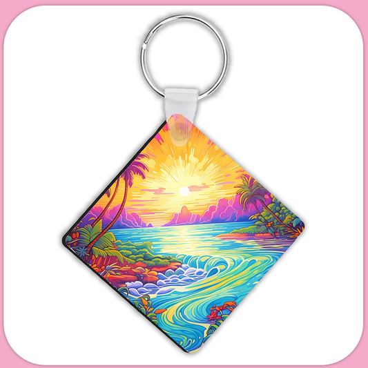 Tropical Beach Sunset Square Sublimation MDF Keychain