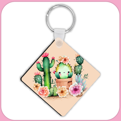 Kawaii Cactus Flowers Square Sublimation MDF Keychain