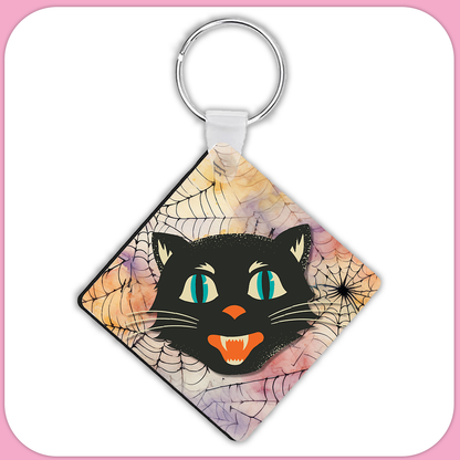 Retro Halloween Black Cat Square Sublimation MDF Keychain