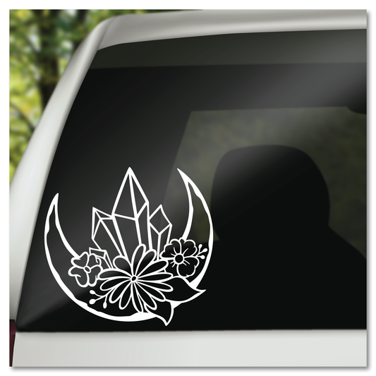 Crystals & Flowers on Crescent Moon Vinyl Decal Sticker