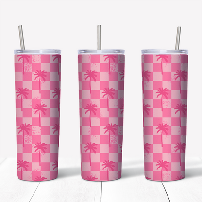 SoCal Pink Checkers and Palm Trees 20oz Sublimated Metal Tumbler