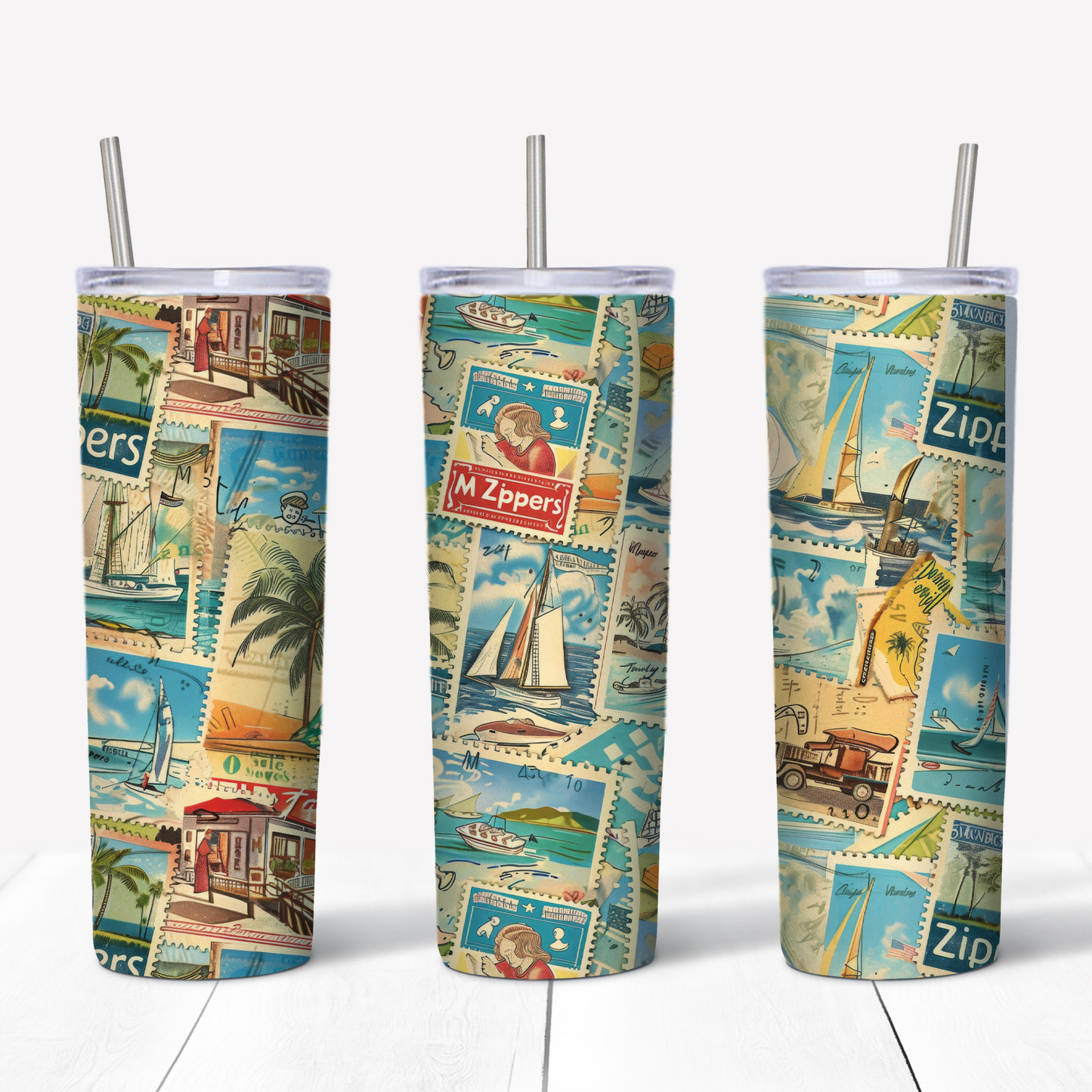 Vintage Travel Postage Stamps 20oz Sublimated Metal Tumbler