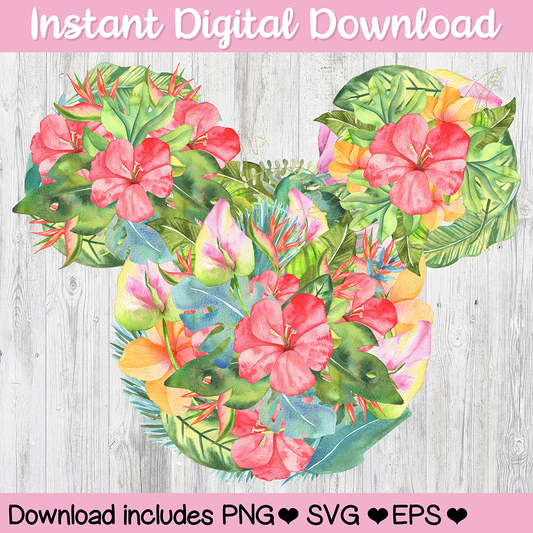 Tropical Floral Mickey Mouse Hidden Mickey Icon Disney Digital Download For Sublimation & Printing