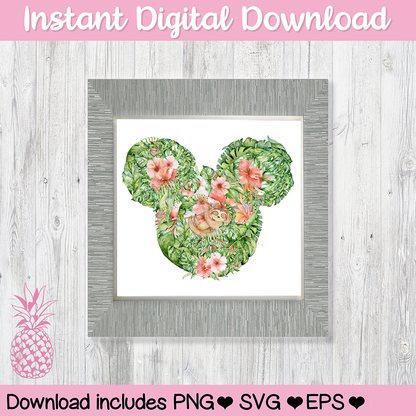 Tropical Sloth Floral Mickey Mouse Hidden Mickey Icon Disney Digital Download For Cutting Machines