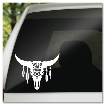 Wild & Free Feathers & Steer Skull Vinyl Decal Sticker